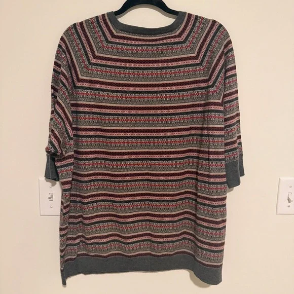 Autumn Cashmere Womens 100% Cashmere Fair Isle Stripe Oversized Sweater Grey Red - Picture 2 of 3